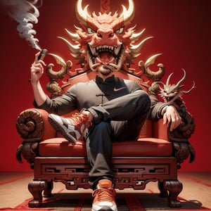 a pair of fashionable clothes pants and Nike AJ shoes anthropomorphic Chinese dragon, wearing sunglasses, wearing a pair of cool Nike AJ shoes, very handsome and cool expression, sitting on a Chinese style head chair, holding a lit cigar in his mouth and smoking, underworld brother, overlooking perspective, medium scene, background clean, pure red background, master works, Super detail, super quality,ct-drago,dragonborn