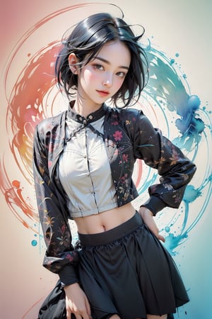 extreme detailed, (masterpiece), (top quality), (best quality), (official art), (beautiful and aesthetic:1.2), (stylish pose), (colorful), (multi-colored theme: 1.5), ppcp, Horse Face Skirt, Mamianqun, pleated skirt, looking into distance, long wave black hair, show navel, random stylish pose, 
perfect,ChineseWatercolorPainting,Chromaspots,fairy,pastelbg,1girl,klee (genshin impact),a_line_haircut