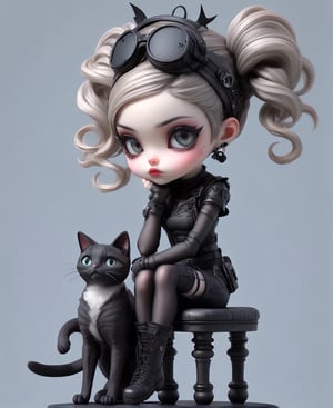 sticker design, Super realistic, full body, a young girl with cat ears, short light blonde hair, the tips of hair dyed lavender, black lips, black eyeliner, headphones hanging around her neck, flying goggles on her head, black goth punk Dressed in a short-sleeved hollow top, tight jeans, tactical fanny pack, sitting on a small stool with her elbows on knees and her chin on palms, showing a thinking expression and her mouth slightly poutted. Simple light gray background.
very beautiful, black lips, eyeliner, goth makeup, realistic anime art style, fantasy artwork, portrait of a steampunk catgirl, goth person,ct-niji3,cyb-3d-art,Cyber Warrior
