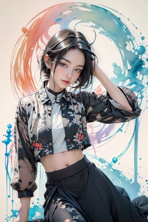 extreme detailed, (masterpiece), (top quality), (best quality), (official art), (beautiful and aesthetic:1.2), (stylish pose), (1 woman), (colorful), (multi-colored theme: 1.5), ppcp, medium length skirt, 	looking into distance, long wave black hair, show navel, random stylish pose, 
perfect,ChineseWatercolorPainting,Chromaspots,fairy,pastelbg,1girl,klee (genshin impact),a_line_haircut