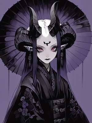 (masterful), 
albino demon little queen, (long horns), a sister clad in gothic punk attire,fusion of traditional Japanese aesthetics and Gothic fashion, where elegant kimono silhouettes intertwine with the dark allure of Gothic elements. Picture elaborate, lace-trimmed kimonos in deep, rich colors adorned with ornate obis and corseted bodices,Accessories like parasols with lace and ribbons add a Victorian touch. Intricate hairpieces blend traditional tsumami kanzashi with gothic motifs, The color palette leans towards deep purples, blacks, and blood-reds, creating a striking contrast against the delicate fabrics,DonM1i1McQu1r3XL,nocturne,ct-niji2,dal,goth person,Hanfu