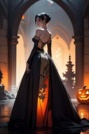 1girl, slender figure,(Integrate seductress fashion dress), ornate jwelry, hanging an ornate lantern with drifting smoke, flowers decorate the lantern, seamlessly blends the bold and edgy gothic elements, intricate details, Pay special attention to the juxtaposition of textures, colors and accessories to achieve a harmonious fusion. The setting should capture the essence of both styles, resulting in a unique and visually striking composition,DGQMGirl, NYDarkHalloween,NJI BEAUTY,DSORCERESS,wrenchfaeflare,Jack o 'Lantern, Dark_Mediaval