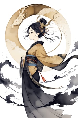 A golden silhouette of a Chinese lady in ancient costume soars in the sky. The background is the vortex of the dragon's flight traces. simple and abstract outlines of the dragon and the lady, faceless_character, japanese art, chinese ink drawing, ink , style, Watercolour, oil paint, 