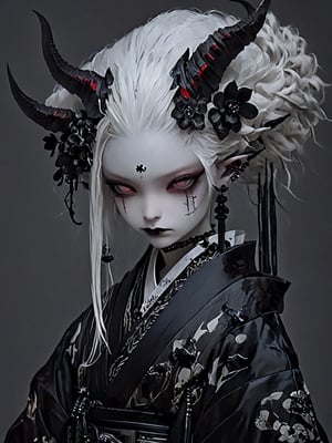 (masterful), 
albino demon little queen, (long horns), a sister clad in gothic punk attire,fusion of traditional Japanese aesthetics and Gothic fashion, where elegant kimono silhouettes intertwine with the dark allure of Gothic elements. Picture elaborate, lace-trimmed kimonos in deep, rich colors adorned with ornate obis and corseted bodices,Accessories like parasols with lace and ribbons add a Victorian touch. Intricate hairpieces blend traditional tsumami kanzashi with gothic motifs, The color palette leans towards deep purples, blacks, and blood-reds, creating a striking contrast against the delicate fabrics,DonM1i1McQu1r3XL,nocturne,ct-niji2,dal,goth person,Hanfu