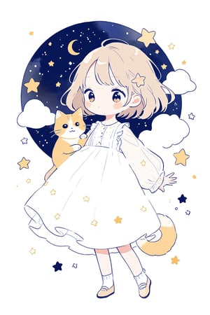 1girl, minimalist style, simple lines, light and elegant watercolor blooming, starry sky background, beautiful and elegant girl, with a little cat next to her, romantic, playful, cute and childlike.,lineart,Flat Design,Flat vector art,cute comic