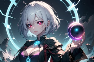 1girl, short hair, white hair, red eyes, beautiful face, beautiful skin, beautiful body, thunder Magic caster girl, witch purple clothes, neon tones, bioluminescent, thunders in sky 8k, best quality, ultra sharp focus, thunder orb ,Circle
