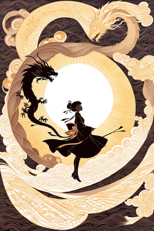 A golden silhouette of a Chinese lady in ancient costume soars in the sky. The background is the vortex of the dragon's flight traces. simple and abstract outlines of the dragon and the lady, faceless_character, japanese art, chinese ink drawing, ink , style, Watercolour, oil paint, Alphonse Mucha art style,ink scenery,papercut