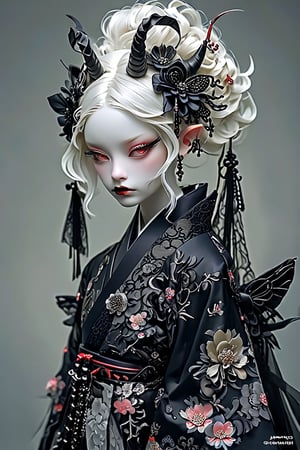 (masterful), 
albino demon little queen, (long intricate horns), a sister clad in gothic punk attire,fusion of traditional Japanese aesthetics and Gothic Lolita fashion, where elegant kimono silhouettes intertwine with the dark allure of Gothic elements. Picture elaborate, lace-trimmed kimonos in deep, rich colors adorned with ornate obis and corseted bodices,Accessories like parasols with lace and ribbons add a Victorian touch. Intricate hairpieces blend traditional tsumami kanzashi with gothic motifs, The color palette leans towards deep purples, blacks, and blood-reds, creating a striking contrast against the delicate fabrics,DonM1i1McQu1r3XL,nocturne,ct-niji2,dal