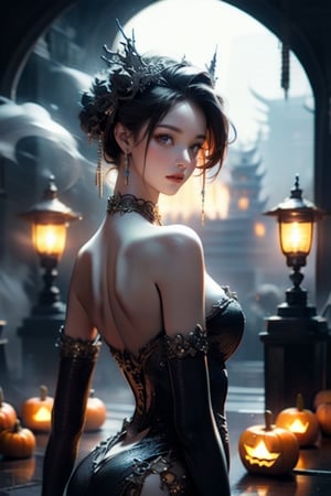 1girl, slender figure,(Integrate seductress fashion dress), ornate jwelry, hanging an ornate lantern with drifting smoke, flowers decorate the lantern, seamlessly blends the bold and edgy gothic elements, intricate details, Pay special attention to the juxtaposition of textures, colors and accessories to achieve a harmonious fusion. The setting should capture the essence of both styles, resulting in a unique and visually striking composition,DGQMGirl, NYDarkHalloween,NJI BEAUTY,DSORCERESS,wrenchfaeflare,Jack o 'Lantern