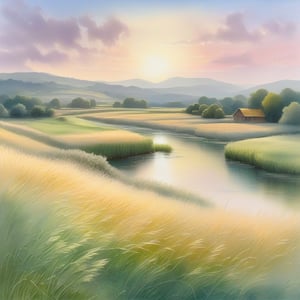 Create a watercolor painting of a dreamy landscape in pastel tones. There are several miscanthus and small ball-shaped plants of various colors next to the creek in the foreground of the picture. The gradient from light yellow to dark green adds depth and texture to the image. In the background, rolling hills can be seen faintly in the light morning mist. Above the painting, the sun hangs in the sky, shining softly on the water reflecting the sun's rays. Several farmers are working hard in the distance. Create a peaceful and peaceful atmosphere.,artistic oil painting stick