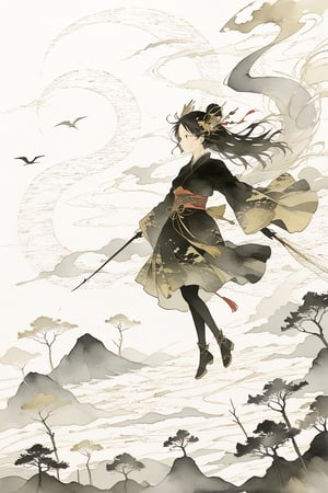 A golden silhouette of a Chinese lady in ancient costume soars in the sky. The background is the vortex of the dragon's flight traces. simple and abstract outlines of the dragon and the lady, faceless_character, japanese art, chinese ink drawing, ink , style, Watercolour, oil paint, Alphonse Mucha art style,ink scenery