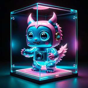 A true-to-life 3D holographic image of the Instagram logo, housed in a large transparent square display box. The interior contains a QR code with the number of followers and friends and a 3D gold stamp of the user name <Kakashi Li> This holographic image is set in the center of a glass square, presenting a modern Instagram element and atmosphere. There is a micro designed cute monster in the scene, blue and white and pink colored, crystally clear and transparent, minimalistic, 3d style, holding a laptop in her hand. There are some cool accessories all around to create a stylish and magical atmosphere.,neon