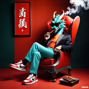 Pixar style, a pair of fashionable clothes pants and Nike AJ shoes, anthropomorphic Chinese dragon, wearing sunglasses, wearing a pair of cool Nike AJ shoes, very handsome and cool expression, sitting on a Chinese style head chair, holding a lit cigar in his mouth and smoking, underworld brother, overlooking perspective, medium scene, background clean, pure red background, master works, Super detail, super quality, ,dragonyear,long,Detailedface