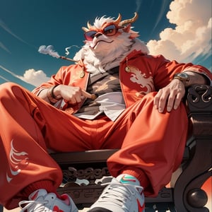 a pair of fashionable clothes pants and Nike AJ shoes anthropomorphic Chinese dragon, wearing sunglasses, wearing a pair of cool Nike AJ shoes, very handsome and cool expression, sitting on a Chinese style head chair, holding a lit cigar in his mouth and smoking, underworld brother, overlooking perspective, medium scene, background clean, pure red background, master works, Super detail, super quality,ct-drago