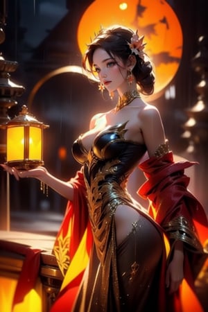 1girl, slender figure,(Integrate seductress fashion dress), ornate jwelry, hanging an ornate lantern with drifting smoke, flowers decorate the lantern, seamlessly blends the bold and edgy gothic elements, intricate details, Pay special attention to the juxtaposition of textures, colors and accessories to achieve a harmonious fusion. The setting should capture the essence of both styles, resulting in a unique and visually striking composition,DGQMGirl, NYDarkHalloween,NJI BEAUTY,DSORCERESS,wrenchfaeflare