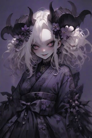 (masterful),(smile),(eyes Squinting:1.2),toothy smile,(radiant smile:1.5),
albino demon little queen, (long intricate horns), a sister clad in gothic punk attire,fusion of traditional Japanese aesthetics and Gothic Lolita fashion, where elegant kimono silhouettes intertwine with the dark allure of Gothic elements. Picture elaborate, lace-trimmed kimonos in deep, rich colors adorned with ornate obis and corseted bodices,Accessories like parasols with lace and ribbons add a Victorian touch. Intricate hairpieces blend traditional tsumami kanzashi with gothic motifs, The color palette leans towards deep purples, blacks, and blood-reds, creating a striking contrast against the delicate fabrics,DonM1i1McQu1r3XL,nocturne,ct-niji2,dal, PERFECT FACE 