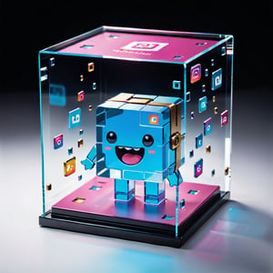 A true-to-life 3D holographic image of the Instagram logo, housed in a large transparent square display box. The interior contains a QR code with the number of followers and friends and a 3D gold stamp of the user name <Kakashi Li> This holographic image is set in the center of a glass square, presenting a modern Instagram element and atmosphere. There is a micro designed cute monster in the scene, blue and white and pink colored, crystally clear and transparent, minimalistic, 3d style. There are some cool accessories all around to create a stylish and magical atmosphere.,neon
