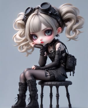 sticker design, Super realistic, full body, a young girl with cat ears, short light blonde hair, the tips of hair dyed lavender, black lips, black eyeliner, headphones hanging around her neck, flying goggles on her head, black goth punk Dressed in a short-sleeved hollow top, tight jeans, tactical fanny pack, sitting on a small stool with her elbows on knees and her chin on palms, showing a thinking expression and her mouth slightly poutted. Simple light gray background.
very beautiful, black lips, eyeliner, goth makeup, realistic anime art style, fantasy artwork, portrait of a steampunk catgirl, goth person