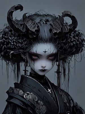 (masterful), 
albino demon little queen, (long horns), a sister clad in gothic punk attire,fusion of traditional Japanese aesthetics and Gothic fashion, where elegant kimono silhouettes intertwine with the dark allure of Gothic elements. Picture elaborate, lace-trimmed kimonos in deep, rich colors adorned with ornate obis and corseted bodices,Accessories like parasols with lace and ribbons add a Victorian touch. Intricate hairpieces blend traditional tsumami kanzashi with gothic motifs, The color palette leans towards deep purples, blacks, and blood-reds, creating a striking contrast against the delicate fabrics,DonM1i1McQu1r3XL,nocturne,ct-niji2,dal,goth person,Hanfu,n64style, ,ocarinaoftime