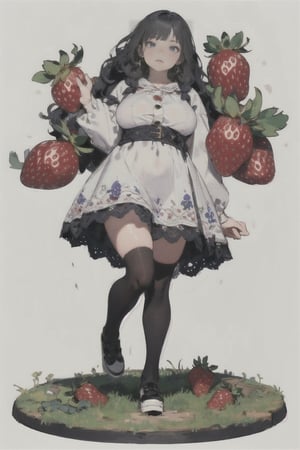 (ultra-detailed,best quality,masterpiece,finely detail, high res,8K RAW photo,realism),solo,(14 years old,Girl standing among big strawberries and blueberries and grapes on the ground,smiling,beautiful short staturet girl,frontal body,full body:1.2),(wearing white tunic dress,lace stockings,platform shoes:1.2),(beautiful Black hair,wavy Twin-Braids,bangs),(round face,large-pupils,big round eyes,medium body,round gitant breasts,thin waist,wide hips,very thick legs.long torso:1.2),(large earrings),front view,isometric,diorama,bloom,high lights.(from a distance.long shot:1.2),realistic lighting,(simple background,white background:1.3),post-Impressionist,cartoon