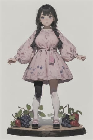 (ultra-detailed,best quality,masterpiece,finely detail, high res,8K RAW photo,realism),solo,(14 years old,Girl standing among big strawberries and blueberries and grapes on the ground,smiling,beautiful short staturet girl,frontal body,full body:1.2),(wearing pink tunic dress,stockings,platform shoes:1.2),(beautiful Black hair,wavyTwin-Braids,bangs),(round face,large-pupils,big round eyes,medium body,round big breasts,thin waist,thick legs.long torso:1.2),(large earrings),front view,isometric,diorama,bloom,high lights.(from a distance.long shot:1.2),realistic lighting,(simple background,white background:1.3),post-Impressionist,cartoon