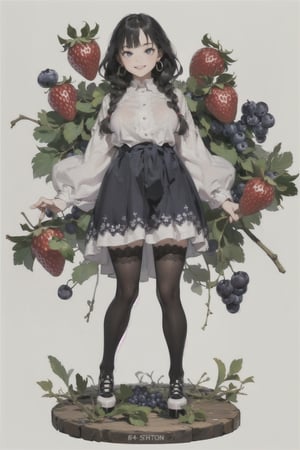 (ultra-detailed,best quality,masterpiece,finely detail, high res,8K RAW photo,realism),solo,(14 years old,Girl standing among big strawberries and blueberries and grapes on the ground,smiling,beautiful short staturet girl,frontal body,full body:1.2),(wearing white tunic dress,lace stockings,platform shoes:1.2),(beautiful Black hair,wavy Twin-Braids,bangs),(round face,large-pupils,big round eyes,medium body,round gitant breasts,thin waist,wide hips,very thick legs.long torso:1.2),(large earrings),front view,isometric,diorama,bloom,high lights.(from a distance.long shot:1.2),realistic lighting,(simple background,white background:1.3),post-Impressionist,cartoon,high color,
