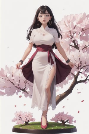 (ultra-detailed,best quality,masterpiece,finely detail, high res,8K RAW photo,realism),solo,(25 years old,A girl standing between dancing cherry blossom petals and a cherry tree in full bloom,smiling,beautiful short staturet girl,frontal body,full body:1.2),(wearing maxi  tunic dress with frills decoration,lace stockings,pumps:1.2),(beautiful Black hair,straight long hair,bangs),(round face,large-pupils,almond eyes,slender body,big breasts,thin waist,thin arms and legs.long torso:1.2),(large earrings),front view,isometric,diorama,bloom,high lights.(from a distance.long shot:1.2),realistic lighting,(simple background,white background:1.3),cartoon