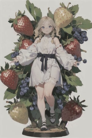 (ultra-detailed,best quality,masterpiece,finely detail, high res,8K RAW photo,realism),solo,(14 years old,Girl standing among big strawberries and blueberries and grapes on the ground,smiling,beautiful short staturet girl,frontal body,full body:1.2),(wearing white tunic dress,lace stockings,platform shoes:1.2),(beautiful blonde hair,wavy Twin-Braids,bangs),(round face,large-pupils,big round eyes,medium body,round gitant breasts,thin waist,wide hips,massive thick legs.long torso:1.2),(large earrings),front view,isometric,diorama,bloom,high lights.(from a distance.long shot:1.2),realistic lighting,(simple background,white background:1.3),post-Impressionist,cartoon,high color,