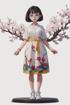 (ultra-detailed,best quality,masterpiece,finely detail, high res,8K RAW photo,realism),solo,(25 years old,Girl standing among Cherry tree in full bloom,smiling,beautiful short staturet girl,frontal body,full body:1.2),(wearing tunic dress,maxi skirt,shoes,round rim glasses:1.2),(beautiful Black hair,bob cut,bangs),(round face,large-pupils,big round eyes,slender body,small breasts,thin waist,thin arms and legs.long torso:1.2),(large earrings),front view,isometric,diorama,bloom,high lights.(from a distance.long shot:1.2),realistic lighting,(simple background,white background:1.3),cartoon