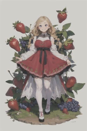 (ultra-detailed,best quality,masterpiece,finely detail, high res,8K RAW photo,realism),solo,(14 years old,Girl standing among big strawberries and blueberries and grapes on the ground,smiling,beautiful short staturet girl,frontal body,full body:1.2),(wearing white tunic dress,lace stockings,platform shoes:1.2),(beautiful blonde hair,wavy Twin-Braids,bangs),(round face,large-pupils,big round eyes,medium body,round gitant breasts,thin waist,wide hips,massive thick legs.long torso:1.2),(large earrings),front view,isometric,diorama,bloom,high lights.(from a distance.long shot:1.2),realistic lighting,(simple background,white background:1.3),post-Impressionist,cartoon,(high color:1.2),