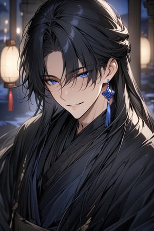 ((masterpiece, best quality)), detailed face, perfect focus, 1boy, (beautiful detailed eyes), handsome, smile, black_hair, long_hair, (blue_earring) , (moonlight), (gorgeous black hanfu), blurry background