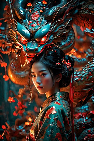 depth of field, vivid colors, (Best quality, 8k, 32k, Masterpiece, Photorealistic, high contrast, UHD:1.2), lifelike rendering, sharp focus, professional, bokeh, 
create a story scense about a realistic Chinese dragon and A charming and charming Japanese beauty named Xuezi, Xuezi is 16yo girl, full body shot, Xuezi riding the gigantic Chinese dragon. An eagle is perched on Xuezi's hand, driving away those who stay and attracting those who escape. she destroyed sacred and secular dignity and caused earthquakes. she teaches all languages.,score_9,Dragon