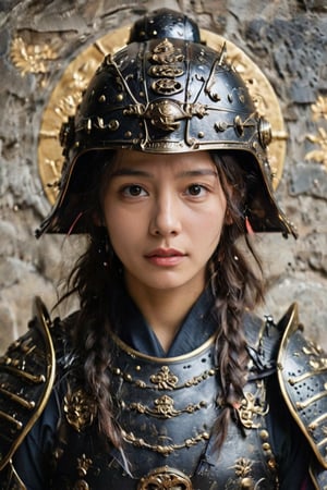 In front of the worn stone Buddha statue, 18-year-old Korean girl Yuko, wearing traditional Japanese samurai armor and helmet, samurai armor, black samurai, black samurai helmet, symbols on the helmet, its powerful form wrapped in ornate armor, intricately decorated patterns and symbols. Yuko's eyes looked out from under the visor of her helmet, full of wisdom and determination. Her hands hold the katana with practiced ease, ready for battle or contemplation. This unique blend of woman and warrior exudes strength, wisdom and an ancient sense of honor.,ink scenery,score_9,FilmGirl,more detail XL