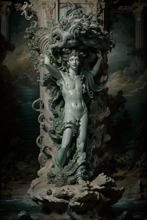 Perseus holding up Medusa's head in front of the sea monster, causing it to instantly turn into a crumbling green stone statue.




,cf,renaissance