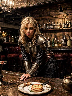 At night, in a corner of the noisy medieval bar, monster bounty hunter Charlie sat on a seat under a dim oil lamp, and waitress Lisa stood on the right side of the table. Charlie is 24 years old, with short blond hair, handsome appearance and tall figure. In his right hand he holds a glass of wine. Charlie looked thoughtful, but his expression was firm. Although he was wearing a worn-out and stained battle uniform and worn-out leather armor, he could not conceal his swordsmanlike temperament and kingly arrogance. There was a sword stuck on Charlie's back, and the hilt reflected cold light. Lisa, the waitress, stood on the right side of the table and bent down to whisper to Charlie. Lisa wore a headscarf and a white translucent floral blouse. The 18-year-old blonde beauty wore a simple fluffy dress, minimal makeup and blush, and held a dinner plate. Charlie and Lisa look like a pair of long-lost lovers. On the other side of the bar, the fat bar owner stood behind the bar, busy preparing and welcoming guests. Various drunkards and drunkards in the bar, noisy, crowded, chaotic, ,oil painting,1,nodf_lora