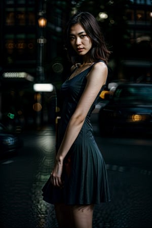 Shallow depth of field, vivid colors, photorealistic, RAW, 16K, Masterpiece, UHD, full body shot, sharp focus, professional, bokeh, look at viewer, 21 year old Asian college girl wearing tight dress, perfect body proportions, athlete body type, waiting on busy street at night, shallow depth of field, highly detailed, bokeh, cinematic scope, moody, epic, gorgeous, film grain cinematic photo