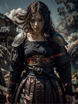 Akira Kurosawa's cinematic style poster,A 28-year-old girl,full body shoot,embodying the spirit of a Samurai from the Warring States Period in Japan. Brightly colored,with a backdrop of war,She wears traditional samurai armor adorned with intricate details,holding a katana with determination,The falling smoke of gunpowder,symbolizing the beauty amidst conflict, shallow depth of field, Detailed, historical, and with a touch of elegance, cinematic, detailed, style dominated by red, minimalist composition shimmer,edge ligh,best Shallow depth of field, vivid colors, hotorealistic, RAW, 16K, Masterpiece, UHD, full body shot, sharp focus, professional, bokeh, ultra realistic, top dramatic lights, dynamic shadows, closeup portrait photo, defying expectations, ethereal, smoky backdrop, atmospheric haze,