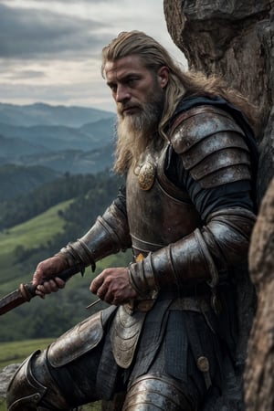 This close-up captures a heroic medieval warrior, a surreally bearded strongman in weathered armor adorned with intricate metal royal emblems, He has eyes full of wisdom, holding the hilt of the sword tightly in his right hand, without wearing a helmet, he sits on the rocks, his blond hair fluttering in the wind. His handsome face is hard to ignore, With a kingly demeanor, he stood on the duel field in the early morning, waiting for the enemy with a prepared attitude. With the vast hills as the background, let the flags and flags fluttering in the wind tell the story of expectations and honor on the battlefield,
High Detailed Textures, Shallow Depth of Field, Vibrant Colors, Hyper-Realistic, RAW, 16K, Masterpiece, UHD, Full Body Shot, Sharp Focus, Professional, Bokeh, Surreal, Top Theatrical Lighting, Dynamic Shadows, Hyperrealistic, nodf_lora