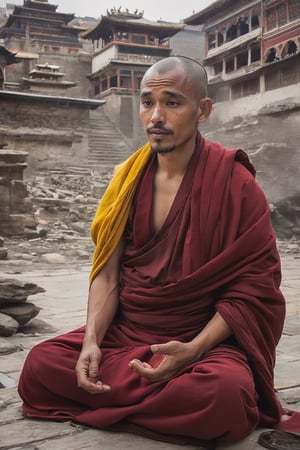 The focus is on a Tibetan ascetic who is meditating, The dirty and worn clothes, sharp lines and vivid colors seem to have nothing to do with him in the background of chaotic buildings and numerous tourists, The overall effect is thought-provoking and the vision breaks the boundaries, challenging traditional aesthetics,