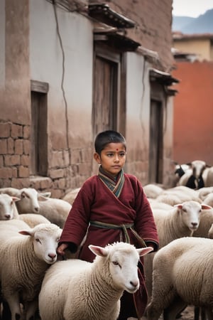 The focus is on a Tibetan child driving a flock of sheep, The dirty and worn clothes, sharp lines, and bright colors seem to have nothing to do with him in the background of messy buildings and numerous tourists, The overall effect is thought-provoking and visually shocking, Challenging traditional aesthetics, depth of field,