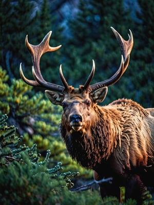 Highly detailed textures, Shallow depth of field, vivid colors, photorealistic, RAW, 16K, Masterpiece, UHD, full body shot, sharp focus, professional, bokeh, ultra realistic, top dramatic lights, dynamic shadows, in focus subject, nature shot with wide shot of a dark jungle scene, face of a Bear elk with big horns between the withered bushes and high rock walls, hunting, nightfall, dimmly lit, intense gaze, tension, perfect composition,