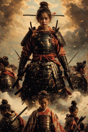 physically-based rendering, portrait, ultra-fine painting, extreme detail description, Akira Kurosawa's movie-style poster features a full-body shot of a 28-year-old girl, embodying the samurai spirit of Japan's Warring States Period, An enigmatic female samurai warrior, clad in ornate armor , This striking depiction, seemingly bursting with unspoken power, illustrates a fierce and formidable female warrior in the midst of battle. The image, likely a detailed painting, showcases the intensity of the female samurai's gaze and the intricate craftsmanship of his armor. Each intricately depicted detail mesmerizes the viewer, immersing them in the extraordinary skill and artistry captured in this remarkable piece.,realistic,nodf_lora,masterpiece,samurai armor,xuer ai yazawa style girl,xuer martial arts,renaissance