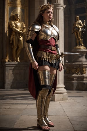 full body shot, masterpiece, best quality, masterpiece, best quality, sharp focus, professional, studio lighting, bokeh, Atmospheric perspective, full body side view, 1girl, 20 years old, female solo, female king, looking at  audiences, imposing, angry, determined eyes, super short skirt, blonde hair, standing, armed with a sword , long hair, belt,  lion-head cloak,  metalic armor, decoration,  sandals, holding,  helmet, shoulder armor, sheath, breastplate, big  breasts, hair ornament with a  dark red flower, realistic, fine art parody, renaissance,