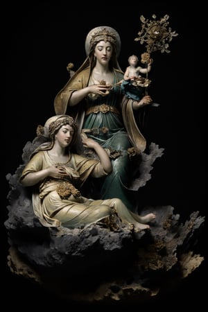 Get ready for a unique and creative rendering of the Madonna and baby Jesus. The candle in her hand illuminates their faces, while the stone throne gives off an air of majesty. And in the distance, a stormy sea and a sinking ship add a touch of chaos to this otherwise serene scene. Degli angeli volano adorando la madonna e lanciano dei petali di rose,photorealistic,cf,renaissance