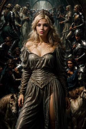 princess of Monaco, in chainmail, knights armor,  extraordinarily beautiful, babe, platinum blonde, modern girl with tattoos dressing vintage,  super bonnet, magical, alluring, sultry, full-length, female-body, hazel-eyes, eye catching, bright, OverallDetail, Magical beautiful background fantasy, perfect face and eyes, hyper-detailed hypermaximalist dynamic style drab