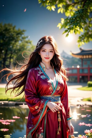 1 girl, tree, flowers, pond, sun, wind, very long hair, straight hair, brown hair, smile, dressed best quality, 32k, realistic, super detailed, fine, high resolution, perfect dynamic composition, Beautiful and detailed eyes, sharp focus, cowboy shot, nature, classical Chinese clothing, night, red, lantern, promenade,