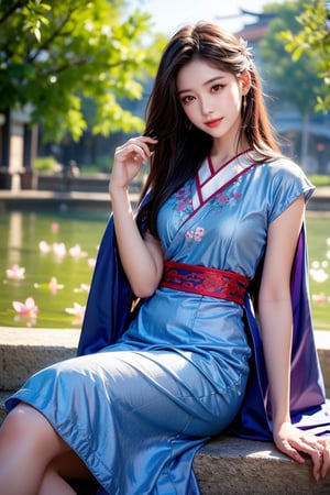 1 girl, tree, flowers, pond, sun, wind, very long hair, straight hair, brown hair, smile, dressed best quality, 32k, realistic, super detailed, fine, high resolution, perfect dynamic composition, Beautiful and detailed eyes, sharp focus, denim shot, nature, classical Chinese dress, Hanfu, elegant, long skirt, water sleeves, night, red, lantern, promenade, sideways, sitting position, paper fan, looking at the viewer