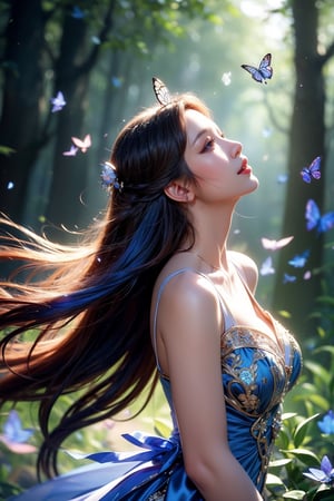 Digital illustration of a young woman with long blue hair in a graceful blue and black dress, surrounded by a whirlwind of delicate icy blue leaves and butterflies. She looks up with a sense of wonder and gently reaches out to touch the beauty around her. The scene has a cool, calm atmosphere, with a fantastic atmosphere based mainly on blue tones. The woman is focussed in soft lighting, highlighting the details of her profile and dress, as if she is in a forest clearing with a pillar of light shining through. The artwork is highly detailed, with intricate patterns in the dress and a sense of dynamic movement in the swirling leaves and butterflies. A digital illustration of a young woman with long blue hair in a graceful blue and black dress, surrounded by a whirlwind of delicate icy blue leaves and butterflies. She looks up with a sense of wonder and gently reaches out to touch the beauty around her. The scene has a cool, calm atmosphere, with a fantastic atmosphere based mainly on blue tones. The woman is focussed in soft lighting, highlighting the details of her profile and dress, as if she is in a forest clearing with a pillar of light shining through. The artwork is highly detailed, with intricate patterns in the dress and a sense of dynamic movement in the swirling leaves and butterflies.