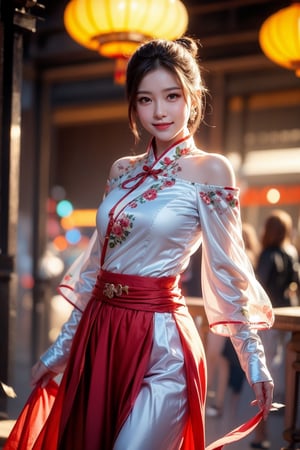 1 girl, brown hair, bun, smile, dressed best quality, 32k, realistic, super detailed, fine, high resolution, perfect dynamic composition, beautiful detailed eyes, sharp focus, cowboy shot, natural, classic Chinese clothing, Hanfu, elegant, long skirt, water sleeves, night, red lanterns, promenade, sideways, paper fan, dance pose, looking at the audience