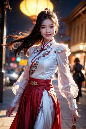 1 girl, brown hair, bun, smile, dressed best quality, 32k, realistic, super detailed, fine, high resolution, perfect dynamic composition, beautiful detailed eyes, sharp focus, cowboy shot, natural, classic Chinese clothing, Hanfu, elegant, long skirt, water sleeves, night, red, lantern, promenade, sideways, paper fan, dance, looking at the audience